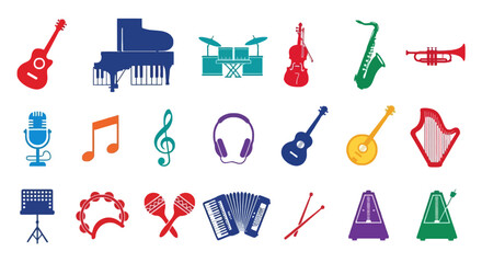 Musical instruments silhouettes colorful flat icons on a white background in landscape orientation