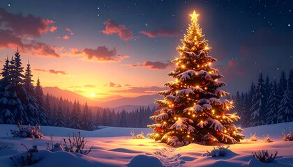 A Christmas tree in a snowy landscape at sunset