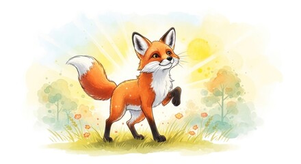 A cheerful fox stands proudly in a sunny meadow, its vibrant orange fur contrasting beautifully with the soft pastel colors of the landscape.