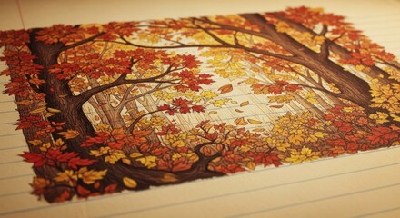 A vibrant autumnal forest scene, meticulously detailed with warm, autumnal colors, showcasing falling leaves and towering trees.