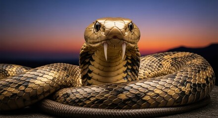 A golden-toned snake coils elegantly, displaying its intricate scales against a breathtaking sunset backdrop.