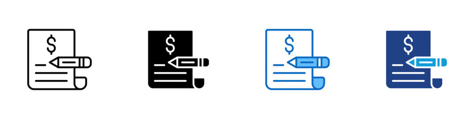 Invoice Documentation Multiple Style Icon Design Vector - Illustration of invoice with dollar sign and pen, representing billing and financial documents