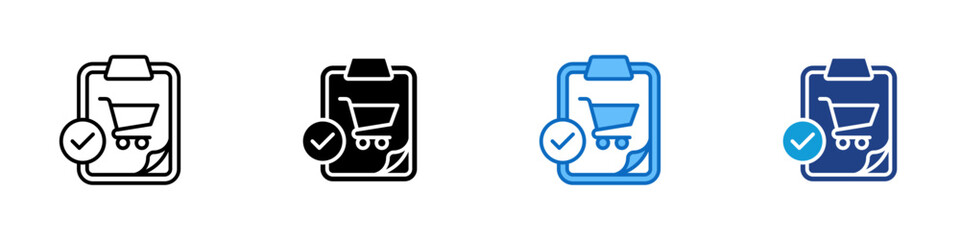 Order Checklist Multiple Style Icon Design Vector - Clipboard with shopping cart and check mark, representing purchase order confirmation