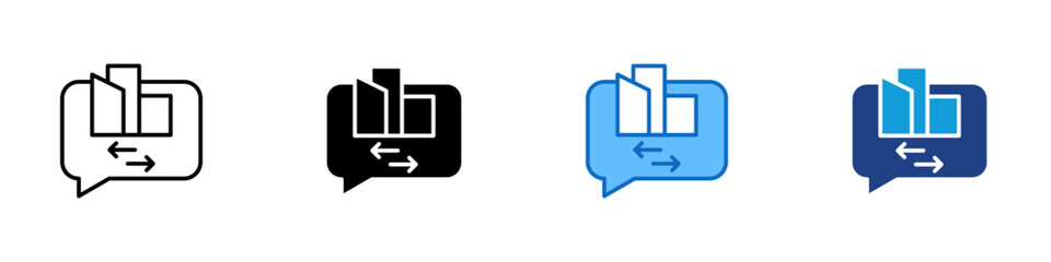 Fototapeta premium Office Exchange Multiple Style Icon Design Vector - Office building with arrows inside a chat bubble, symbolizing business communication, company exchange, and corporate negotiation