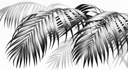 Elegant grayscale depiction of tropical palm leaves, showcasing intricate detail and a serene mood.