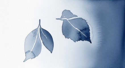 Two delicate, muted blue leaves are depicted against a soft, gradient backdrop, evoking a tranquil and serene atmosphere.
