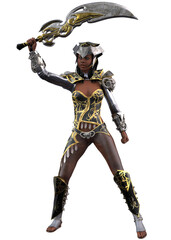 3D illustration of a powerful dark skinned female warrior dressed in ornate fantasy armor with intricate gold detailing. She wields a large curved blade and stands in a dynamic, battle ready pose.