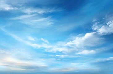 Obraz premium Light blue sky featuring fluffy white clouds scattered and streaked across the horizon, creating a peaceful & airy atmosphere