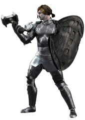 Fototapeta premium 3D illustration of a medieval knight in ornate silver armor, wielding a heavy war hammer and a large embossed shield. Heroic battle stance with strong dramatic lighting.