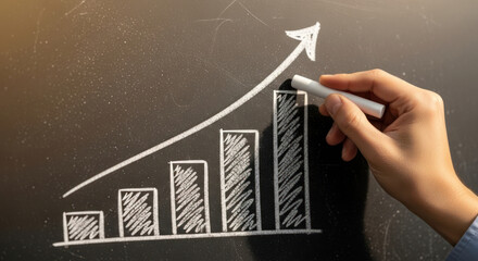 Hand drawing a rising bar graph with an upward arrow on a chalkboard, symbolizing growth and progress.