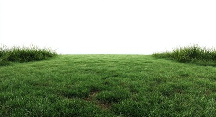 Obraz premium Green grass field slopes gently upwards against a stark white background. Blades of grass are lush and vibrant, creating a natural scene