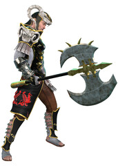 3D illustration of a fantasy warrior in ornate black and gold armor, wielding a large battle axe. The character features detailed textures, ram like horns, and an intense battle ready pose.