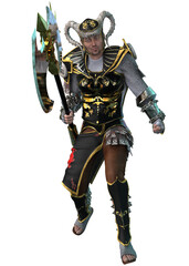 3D illustration of a fantasy warrior in ornate black and gold armor, wielding a large battle axe. The character features detailed textures, ram like horns, and an intense battle ready pose.