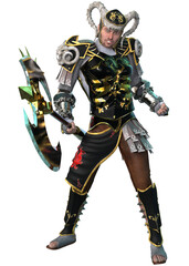 3D illustration of a fantasy warrior in ornate black and gold armor, wielding a large battle axe. The character features detailed textures, ram like horns, and an intense battle ready pose.