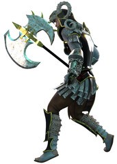 3D illustration of a fantasy warrior in ornate black and gold armor, wielding a large battle axe. The character features detailed textures, ram like horns, and an intense battle ready pose.