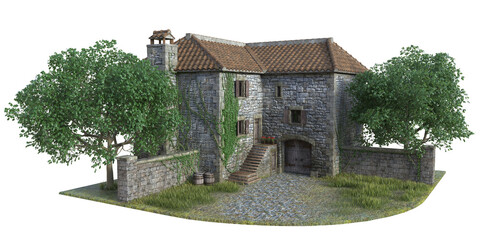 Detailed 3D illustration of a charming medieval stone cottage featuring ivy covered walls, wooden window shutters, a tiled roof, and a cobblestone pathway, evoking historical ambiance.