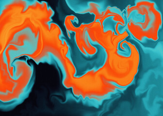 Abstract digital artwork featuring fluid swirling shapes in vibrant shades of blue and orange. Smooth color transitions create a dynamic flow with a hypnotic, dreamlike visual effect.