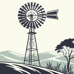 Silhouette of a classic farm windmill standing tall in a stylized landscape with rolling hills and a lone tree