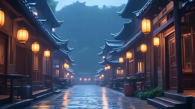 A tranquil, rain-slicked Asian alleyway at dusk, lit by warm lanterns hanging from traditional buildings