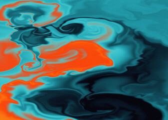 Abstract digital artwork featuring fluid swirling shapes in vibrant shades of blue and orange. Smooth color transitions create a dynamic flow with a hypnotic, dreamlike visual effect.