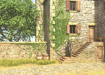 3D illustration of a medieval knight in full silver armor standing in a stone courtyard outside a castle gate. The scene includes stone stairs, wooden doors, and flower pots for added realism.