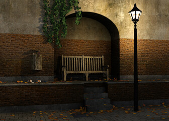3D illustration of a rustic wooden bench under a glowing streetlamp in a quiet alley with red brick walls, ivy, scattered autumn leaves, and litter on the pavement, evoking solitude and stillness.