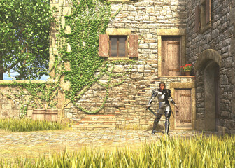 3D illustration of a medieval knight in full silver armor standing in a stone courtyard outside a castle gate. The scene includes stone stairs, wooden doors, and flower pots for added realism.