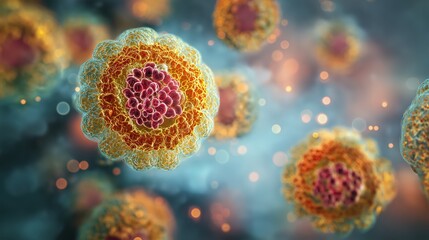 Human pathogenic viruses with detailed molecular surface structure, generative ai illustration