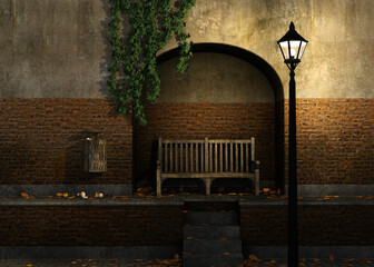 3D illustration of a rustic wooden bench under a glowing streetlamp in a quiet alley with red brick walls, ivy, scattered autumn leaves, and litter on the pavement, evoking solitude and stillness.