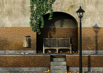 3D illustration of a rustic wooden bench under and streetlamp in a quiet alley with red brick walls, ivy, scattered autumn leaves, and litter on the pavement, evoking solitude and stillness.