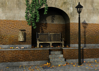 3D illustration of a rustic wooden bench under and streetlamp in a quiet alley with red brick walls, ivy, scattered autumn leaves, and litter on the pavement, evoking solitude and stillness.