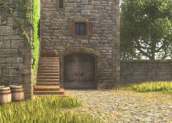 3D illustration of a stone tower entrance featuring a wooden door, shutters, stone walls, lush greenery, and cobblestone ground, evoking a rustic, historical atmosphere.