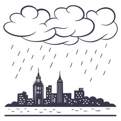 Obraz premium Stylized illustration of a dark stormy cloud raining over a city skyline silhouette with a body of water