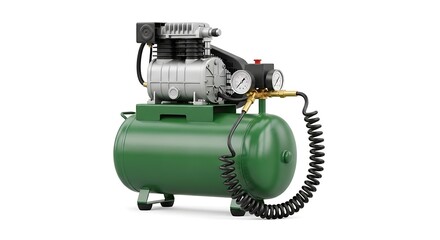 Professional Green and Silver Air Compressor with Pressure Gauges and Coiled Hose, Ready for Work on a White Backdrop.