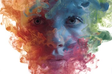 Abstract Portrait with Colorful Ink Swirls and Detailed Eye for Artistic, Emotional, or Editorial Design Use
