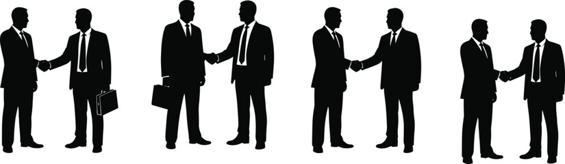 Business handshake silhouette set, black-and-white illustrations of professional agreement, partnership, and collaboration for corporate, teamwork, and negotiation themes