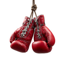 A pair of vibrant red boxing gloves suspended by a textured rope knot