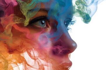 Abstract Portrait with Colorful Ink Swirls and Detailed Eye for Artistic, Emotional, or Editorial Design Use
