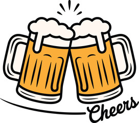 Two frothy mugs of beer clinking together celebration cheers toast celebration