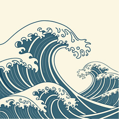 Stylized japanese wave art with deep blue ocean swells against a cream background