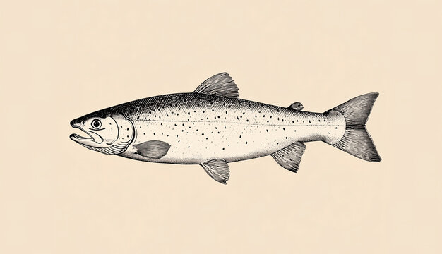 Fish sketch salmon trout. Vintage retro print, black white salmon trout fish sketch ink pencil style drawing, linear drawing, engrave old school. Sketch artwork salmon trout fish. Illustration