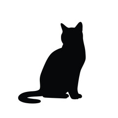 Sitting cat silhouette in profile view with curled tail on a white background. EPS 10.
