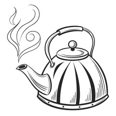 Vintage style black and white line drawing of a steaming kettle with a curved handle and spout emitting wisps of steam