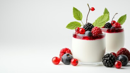 Close-up of Fresh Mixed Berries in Glasses with Cream and Green Leaves on White Background for Healthy Snack or Dessert Illustration