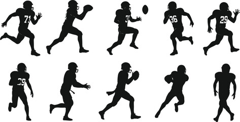American football player silhouettes, football action poses, sports vector, athlete running, catching ball, throwing, football game, team sport