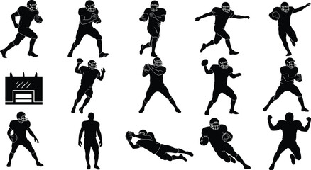 American football player silhouettes, quarterback and receiver clipart, sports action poses, vector athletes, football game illustration