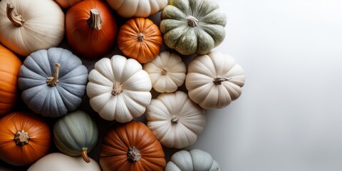 Collection of colorful pumpkins in orange green white and blue tones arranged as autumn decoration for harvest season. Thanksgiving and fall design. 
