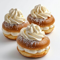 Three cream-filled profiteroles with whipped cream and powdered sugar on a white background, close-up pastry desserts with smooth texture and delicate appearance
