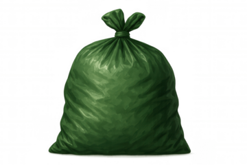 Overfilled green plastic garbage bag, tightly knotted and bulging with refuse, emphasizing waste disposal issues on clean background