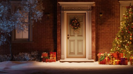 A Christmas night scene. The  house door is decorated with Christmas ornaments, there is a Christmas tree, and gifts.